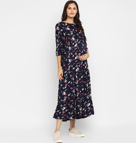 Women Navy Blue Floral Maternity A-Line Maxi Dress